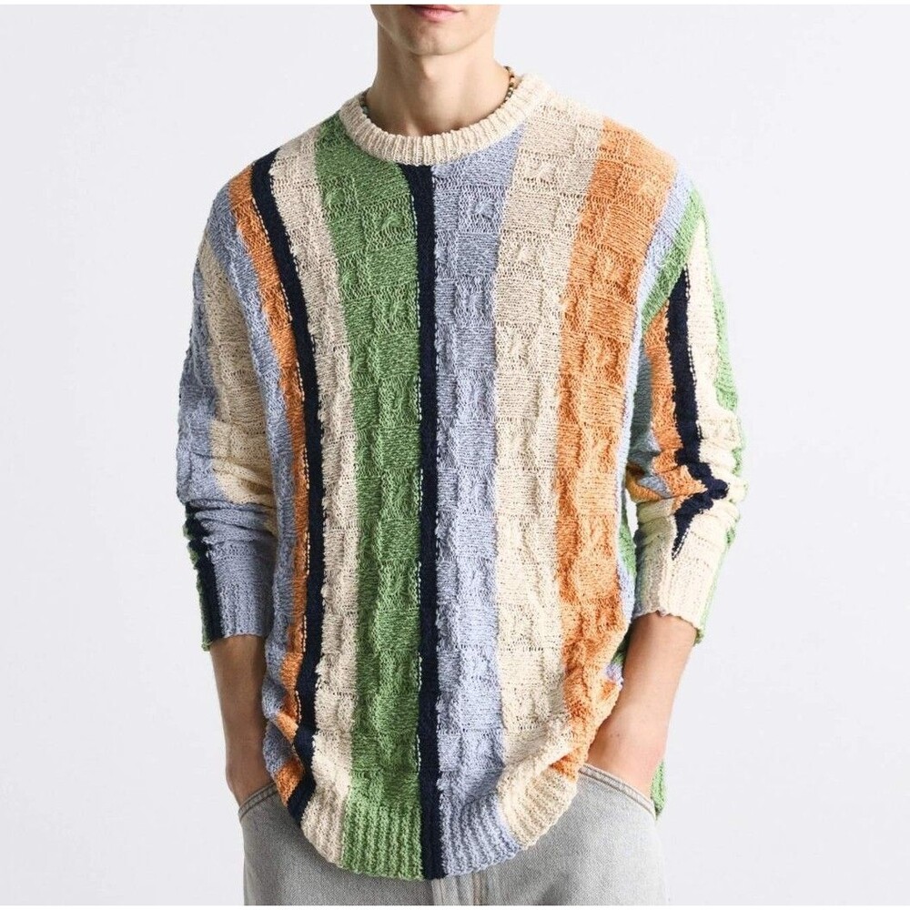 Zara Men's Large Multicolored Vertical Striped Textured Knit Jumper 100% Cotton